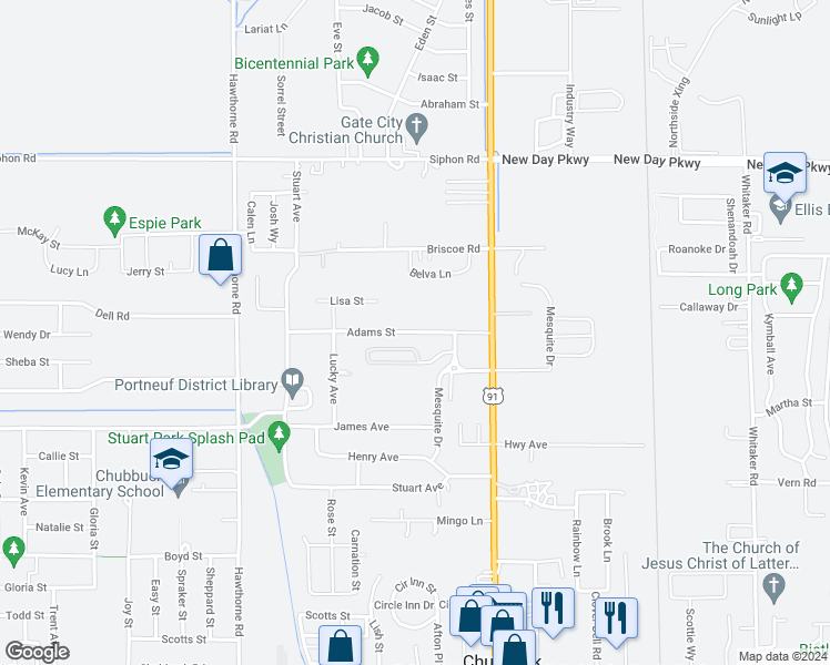 map of restaurants, bars, coffee shops, grocery stores, and more near 245 Adams Street in Chubbuck