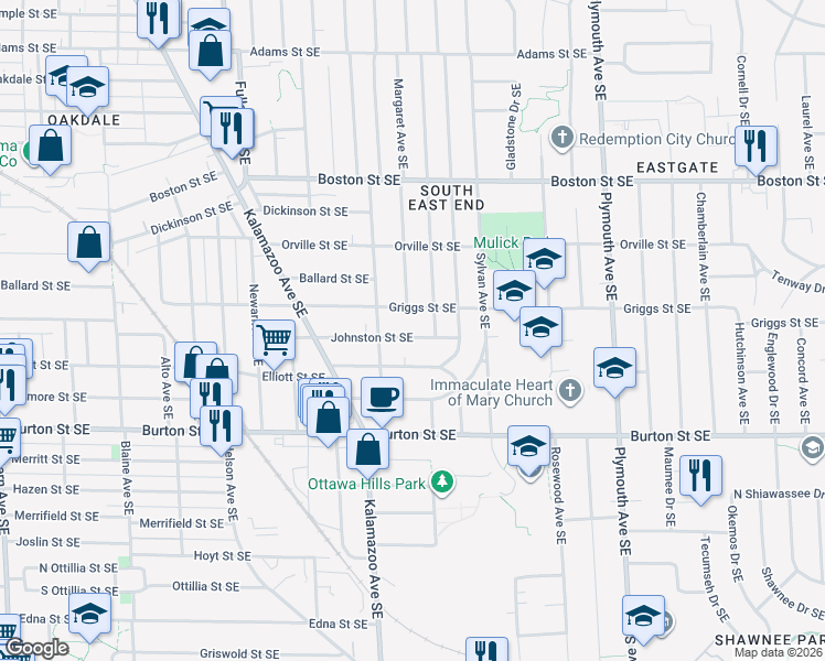 map of restaurants, bars, coffee shops, grocery stores, and more near 1453 Johnston Street Southeast in Grand Rapids