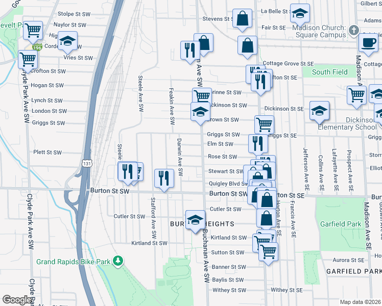 map of restaurants, bars, coffee shops, grocery stores, and more near 217 Rose Street Southwest in Grand Rapids