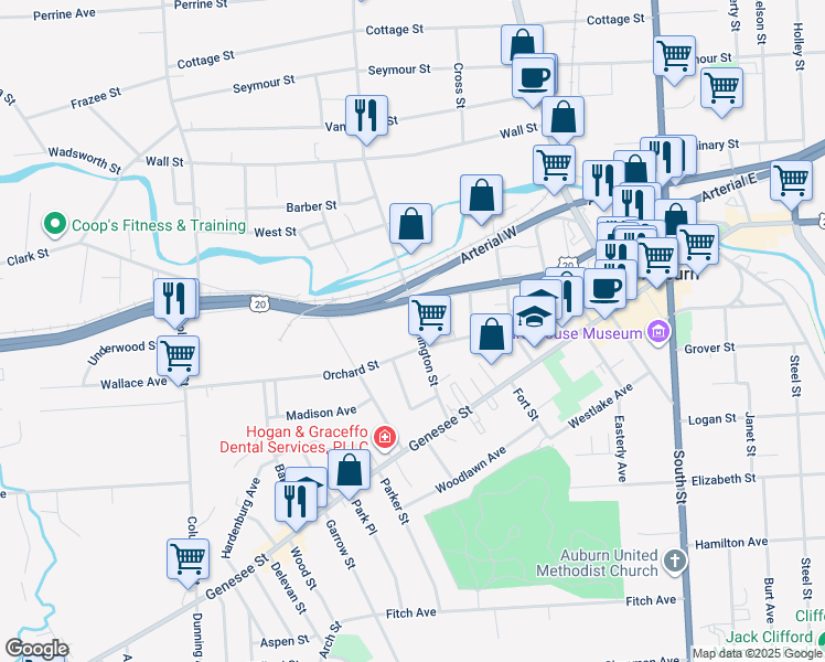 map of restaurants, bars, coffee shops, grocery stores, and more near 31 Washington Street in Auburn