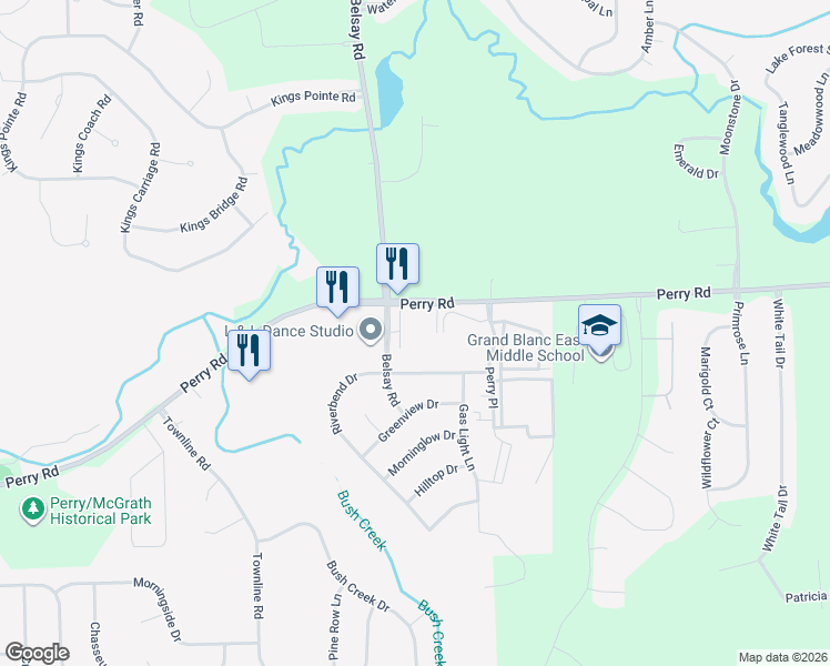 map of restaurants, bars, coffee shops, grocery stores, and more near 1420 Perry Road in Grand Blanc