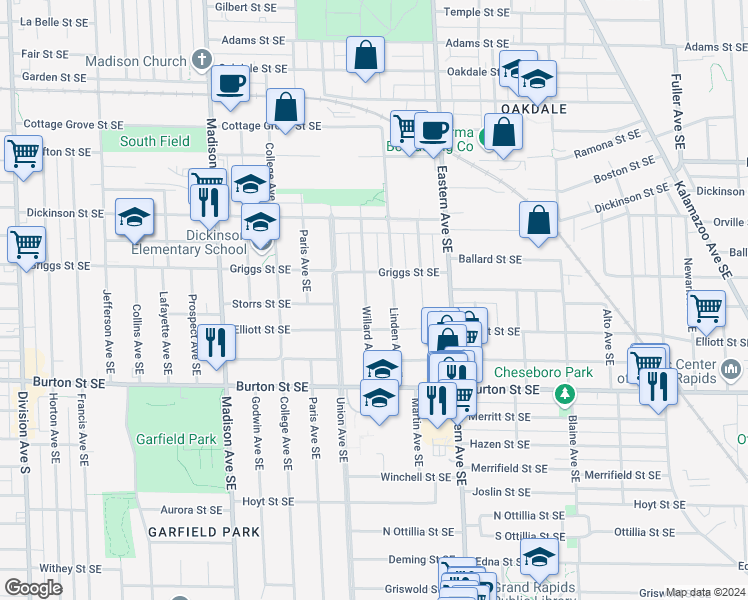 map of restaurants, bars, coffee shops, grocery stores, and more near 1836 Willard Avenue Southeast in Grand Rapids