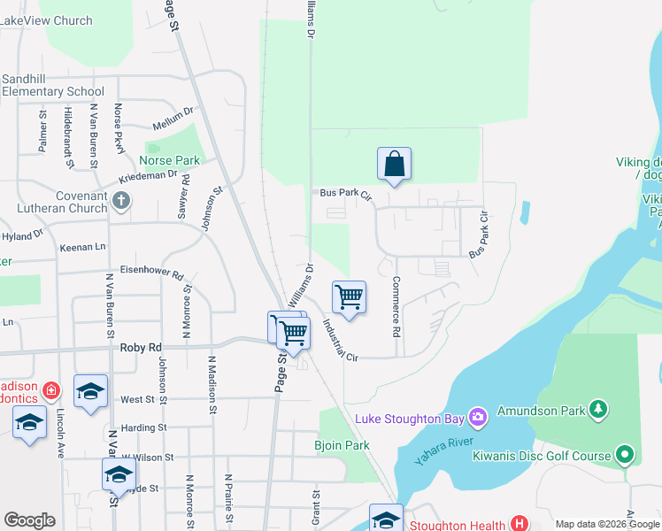 map of restaurants, bars, coffee shops, grocery stores, and more near 1516 Williams Drive in Stoughton