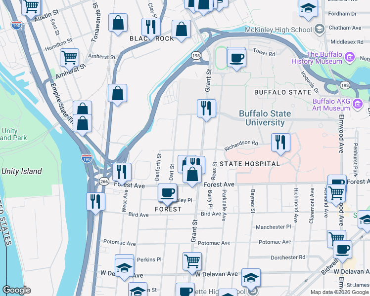 map of restaurants, bars, coffee shops, grocery stores, and more near 80 Bradley Street in Buffalo