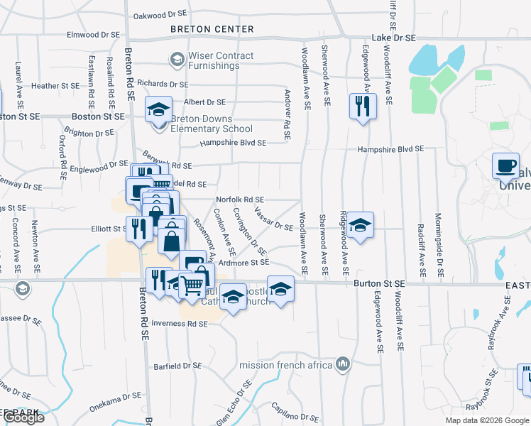 map of restaurants, bars, coffee shops, grocery stores, and more near 2705 Vassar Drive Southeast in Grand Rapids