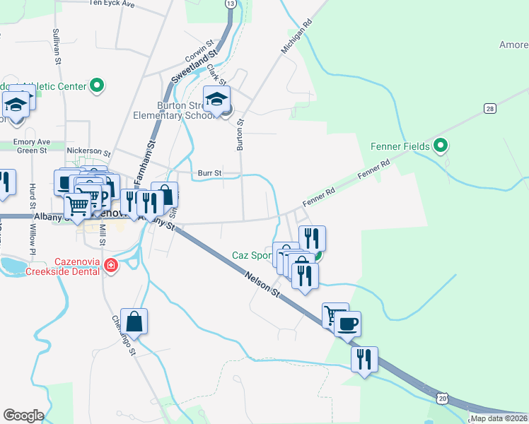 map of restaurants, bars, coffee shops, grocery stores, and more near 51 Fenner Street in Cazenovia