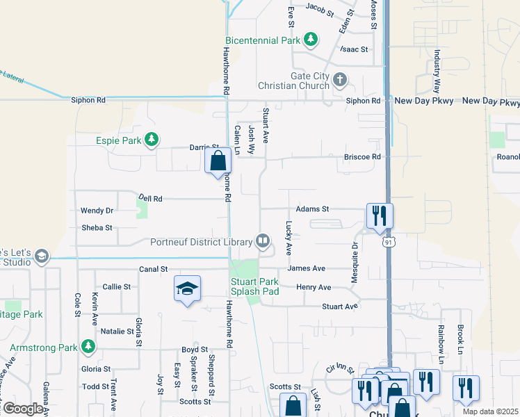map of restaurants, bars, coffee shops, grocery stores, and more near 5314 Stuart Avenue in Chubbuck