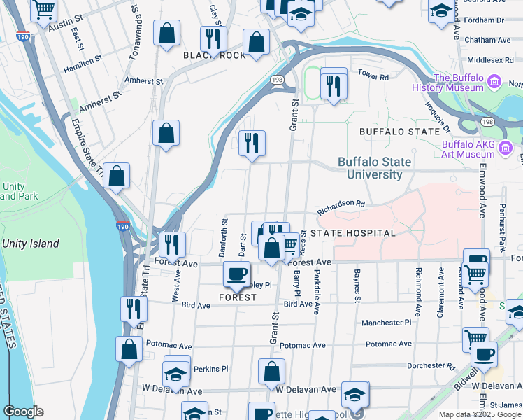 map of restaurants, bars, coffee shops, grocery stores, and more near 86 Hawley Street in Buffalo