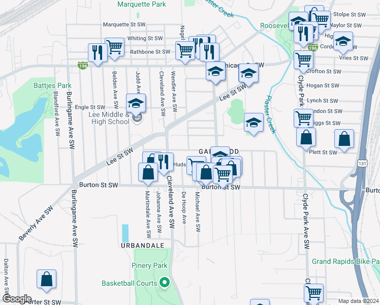 map of restaurants, bars, coffee shops, grocery stores, and more near 1158 Joosten Street Southwest in Wyoming