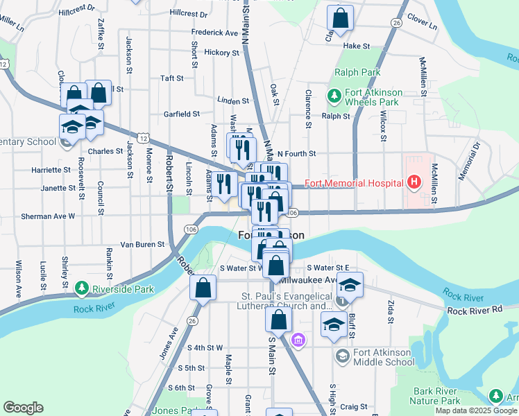map of restaurants, bars, coffee shops, grocery stores, and more near 201 North Main Street in Fort Atkinson