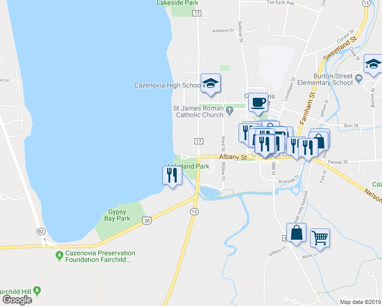 map of restaurants, bars, coffee shops, grocery stores, and more near 17 Forman Street in Cazenovia