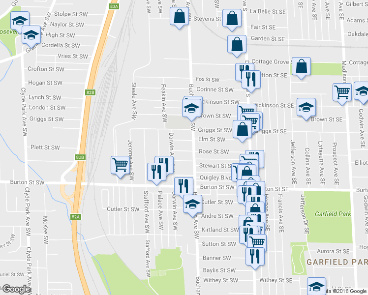 map of restaurants, bars, coffee shops, grocery stores, and more near 217 Rose Street Southwest in Grand Rapids