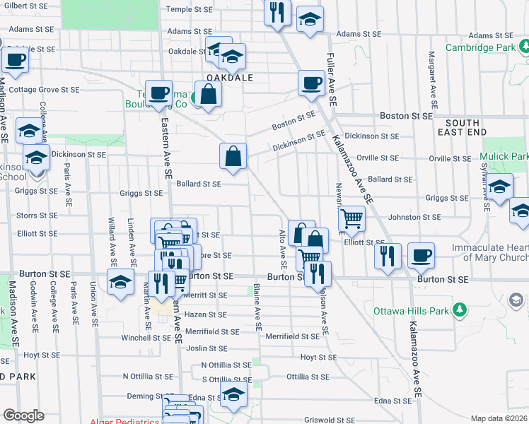 map of restaurants, bars, coffee shops, grocery stores, and more near 1019 Johnston Street Southeast in Grand Rapids