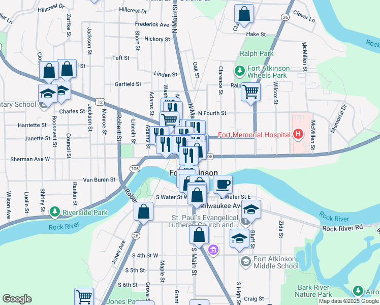 map of restaurants, bars, coffee shops, grocery stores, and more near 201 North Main Street in Fort Atkinson