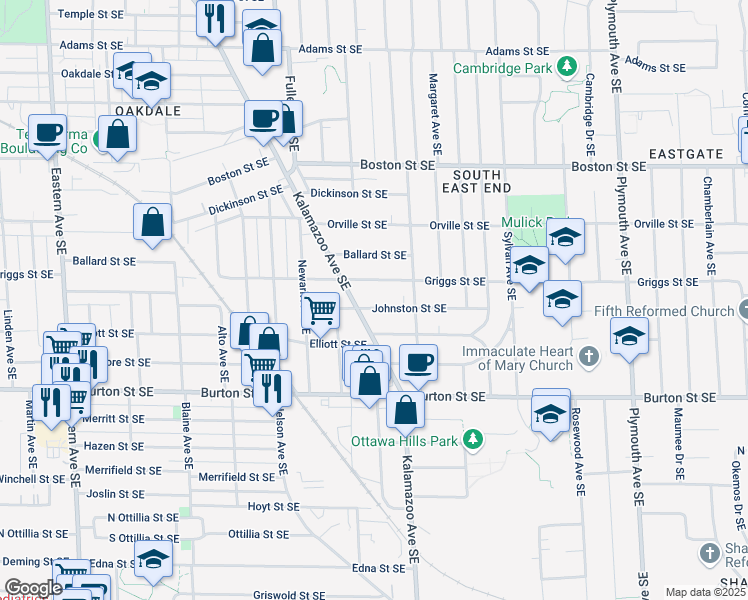 map of restaurants, bars, coffee shops, grocery stores, and more near 1341 Johnston Street Southeast in Grand Rapids