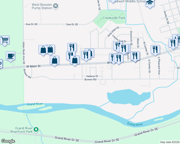 map of restaurants, bars, coffee shops, grocery stores, and more near Clarissa Avenue in Lowell
