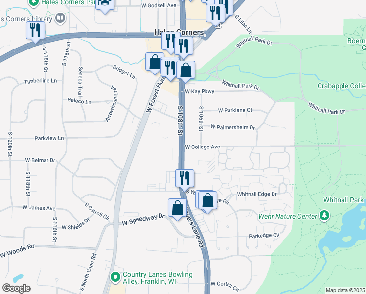 map of restaurants, bars, coffee shops, grocery stores, and more near 13320 West College Avenue in Hales Corners