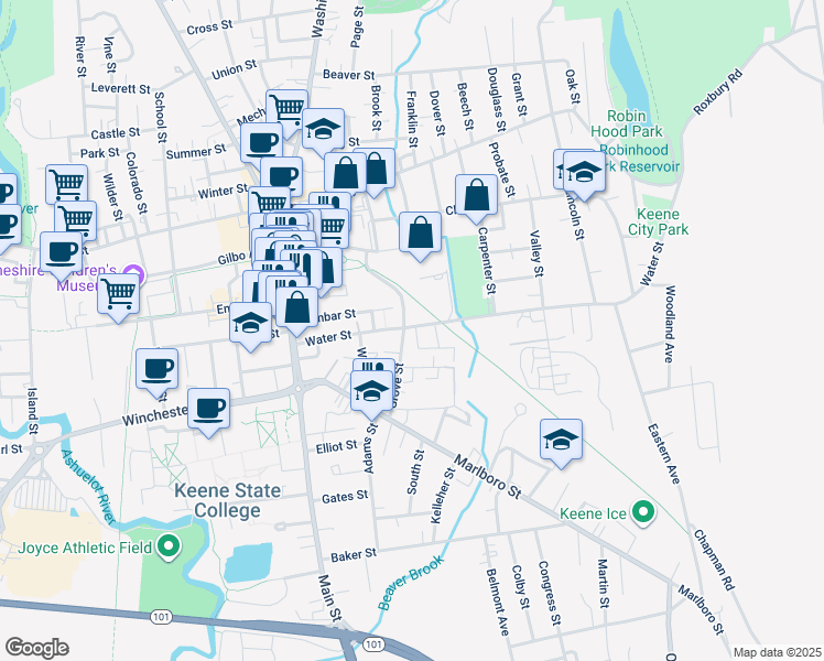 map of restaurants, bars, coffee shops, grocery stores, and more near 60 Grove Street in Keene