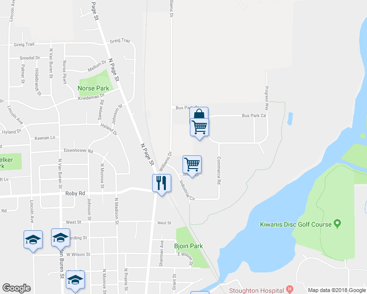 map of restaurants, bars, coffee shops, grocery stores, and more near 1516 Williams Drive in Stoughton