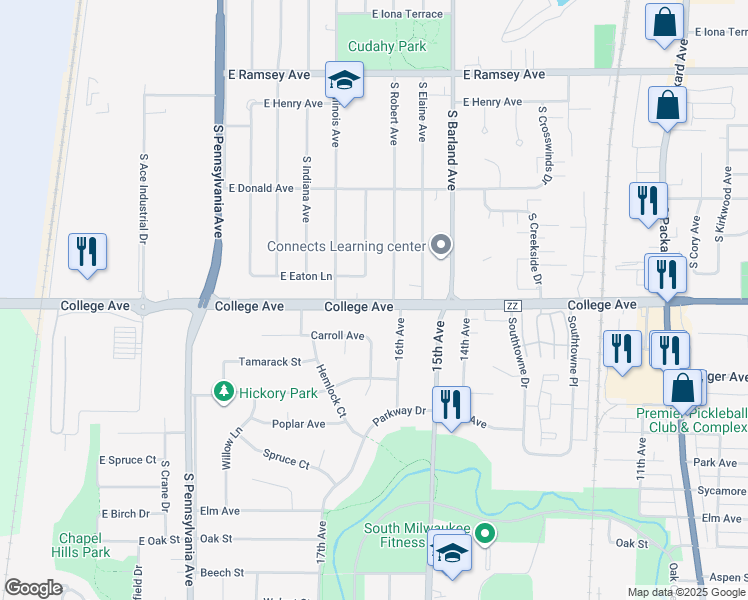 map of restaurants, bars, coffee shops, grocery stores, and more near 2926 College Avenue in Cudahy