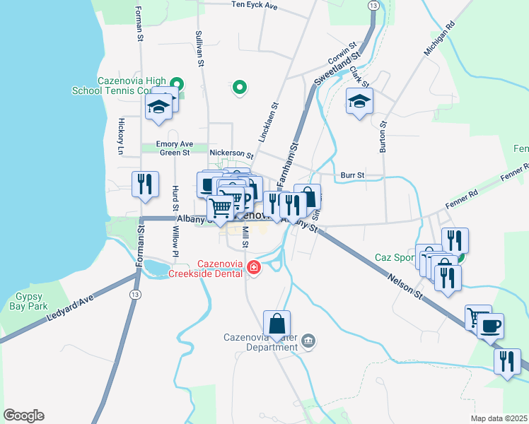 map of restaurants, bars, coffee shops, grocery stores, and more near 103 Albany Street in Cazenovia
