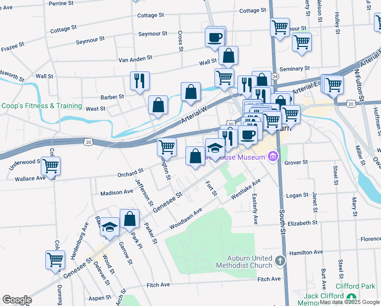 map of restaurants, bars, coffee shops, grocery stores, and more near 7 Orchard Street in Auburn