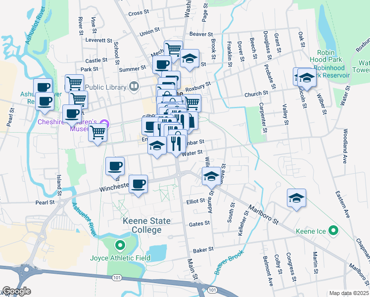 map of restaurants, bars, coffee shops, grocery stores, and more near 162 Main Street in Keene