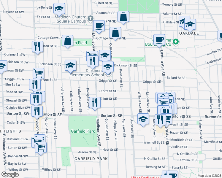 map of restaurants, bars, coffee shops, grocery stores, and more near 453 Storrs Street Southeast in Grand Rapids