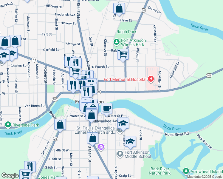 map of restaurants, bars, coffee shops, grocery stores, and more near 213 Sherman Avenue East in Fort Atkinson