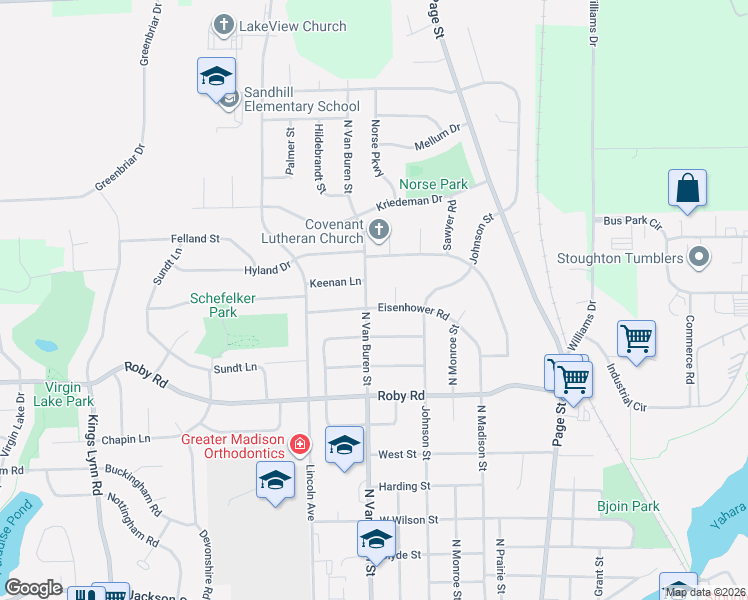 map of restaurants, bars, coffee shops, grocery stores, and more near 822 Eisenhower Road in Stoughton