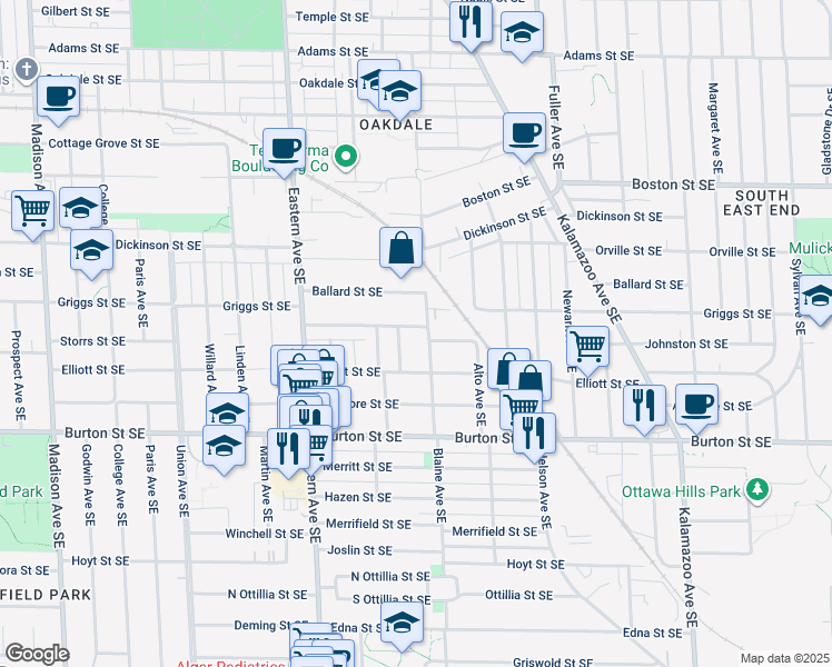 map of restaurants, bars, coffee shops, grocery stores, and more near 938 Griggs Street Southeast in Grand Rapids