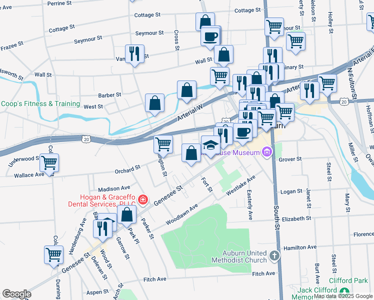map of restaurants, bars, coffee shops, grocery stores, and more near 7 Orchard Street in Auburn