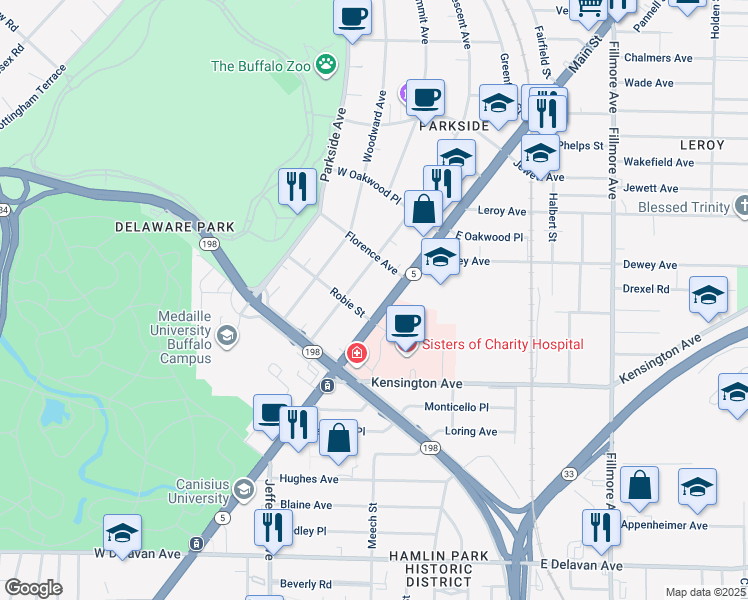 map of restaurants, bars, coffee shops, grocery stores, and more near 2214 Main Street in Buffalo