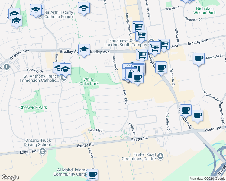 map of restaurants, bars, coffee shops, grocery stores, and more near 87 Renny Crescent in London
