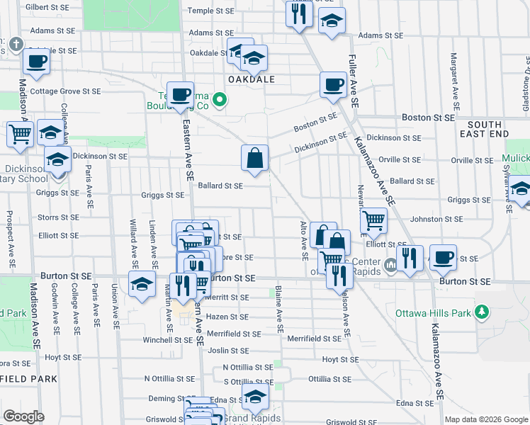 map of restaurants, bars, coffee shops, grocery stores, and more near 938 Griggs Street Southeast in Grand Rapids