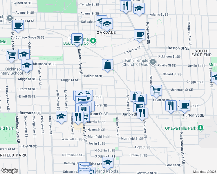 map of restaurants, bars, coffee shops, grocery stores, and more near 938 Griggs Street Southeast in Grand Rapids