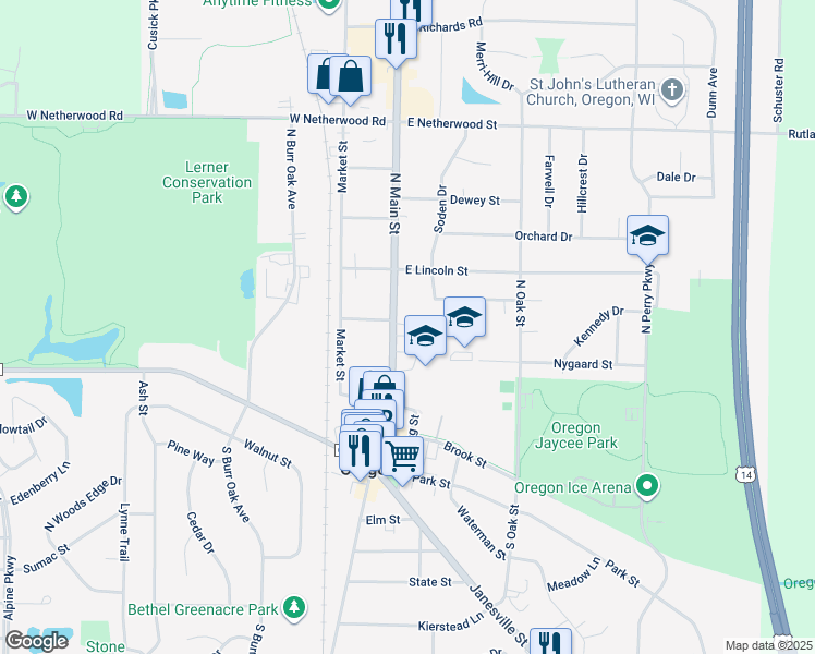 map of restaurants, bars, coffee shops, grocery stores, and more near 296 North Main Street in Oregon
