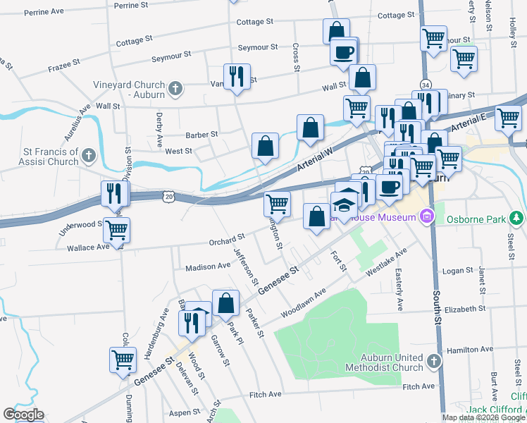 map of restaurants, bars, coffee shops, grocery stores, and more near 31 Washington Street in Auburn