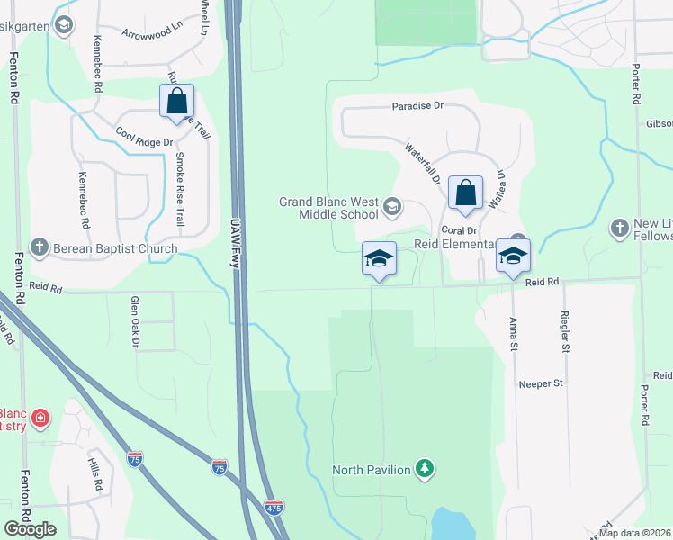 map of restaurants, bars, coffee shops, grocery stores, and more near 1421 Reid Road in Grand Blanc