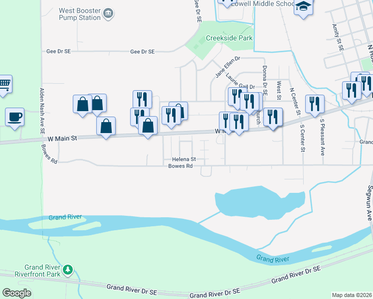 map of restaurants, bars, coffee shops, grocery stores, and more near Clarissa Avenue in Lowell Township