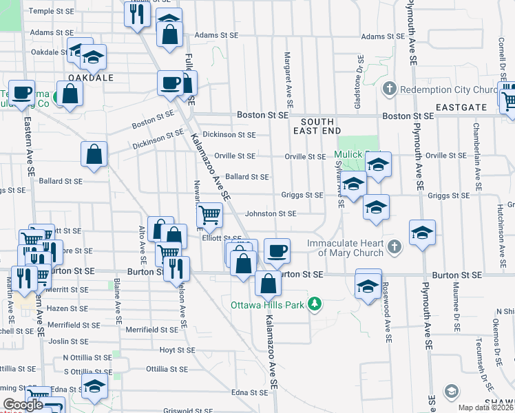 map of restaurants, bars, coffee shops, grocery stores, and more near 1341 Johnston Street Southeast in Grand Rapids