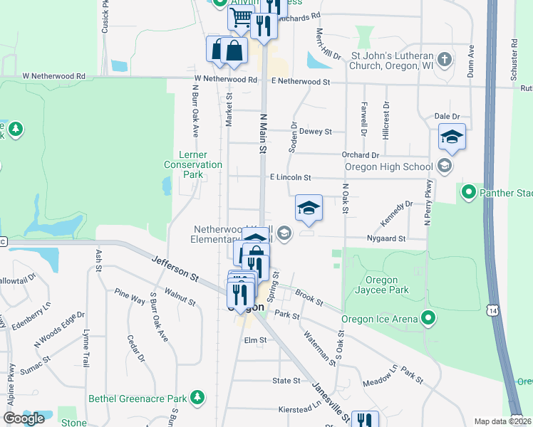 map of restaurants, bars, coffee shops, grocery stores, and more near 296 North Main Street in Oregon