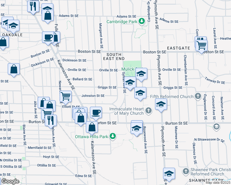 map of restaurants, bars, coffee shops, grocery stores, and more near 1821 Philadelphia Avenue Southeast in Grand Rapids
