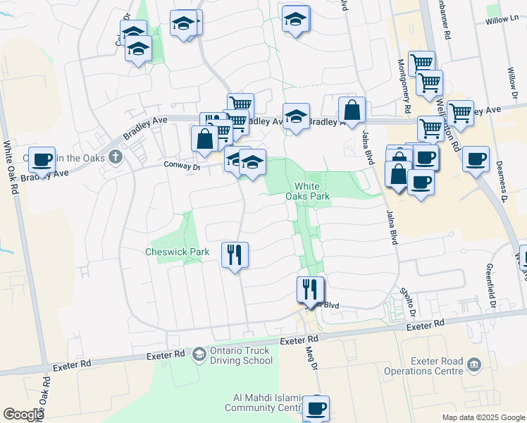 map of restaurants, bars, coffee shops, grocery stores, and more near 17 Fennell Crescent in London