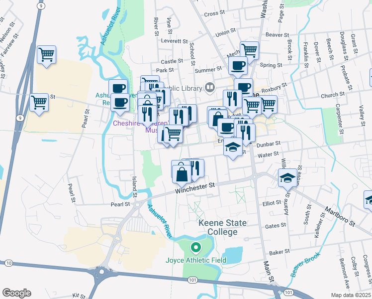 map of restaurants, bars, coffee shops, grocery stores, and more near 1 Ralston Street in Keene