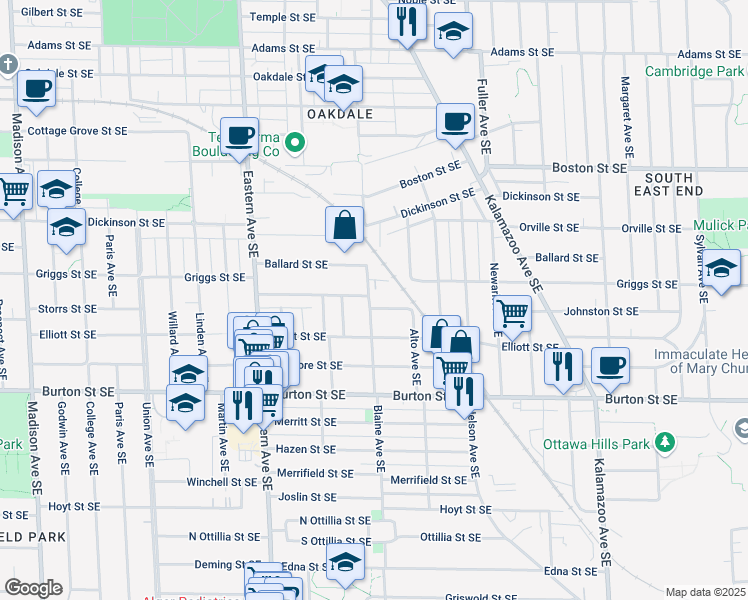 map of restaurants, bars, coffee shops, grocery stores, and more near 938 Griggs Street Southeast in Grand Rapids