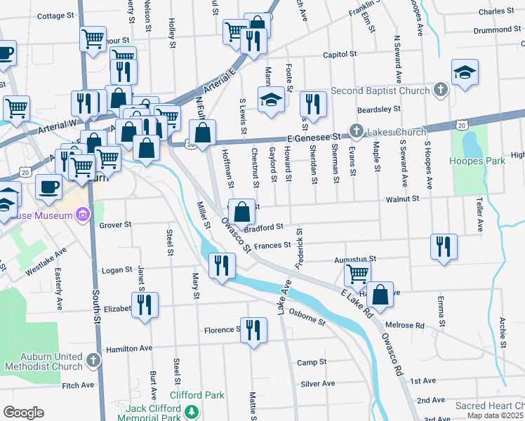 map of restaurants, bars, coffee shops, grocery stores, and more near 16 Walnut Street in Auburn