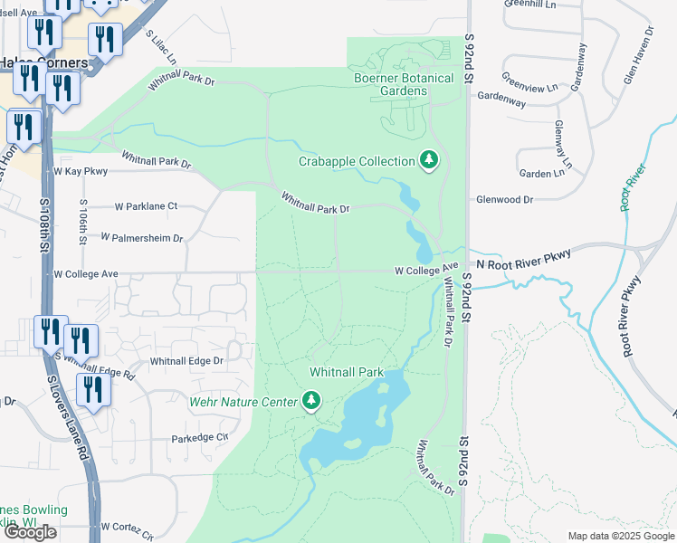 map of restaurants, bars, coffee shops, grocery stores, and more near Whitnall Park Drive in Franklin