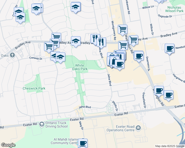 map of restaurants, bars, coffee shops, grocery stores, and more near 71 Renny Crescent in London
