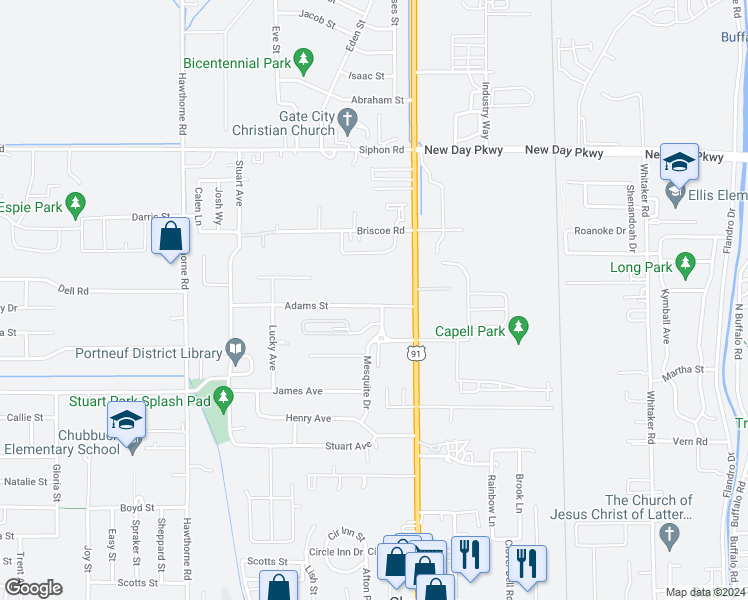 map of restaurants, bars, coffee shops, grocery stores, and more near 182 Adams Street in Pocatello